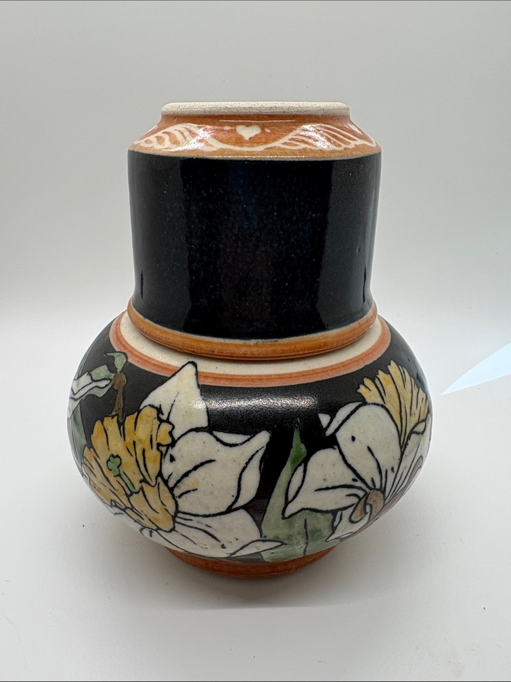 Hand-Painted Ceramic Floral Vase in Black, Cream and Yellow. SBCD POTTERY
